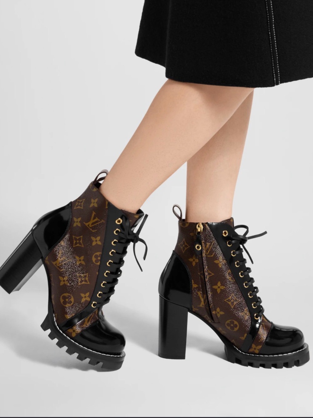 Designer-Inspired Patent Calfskin Monogram Star Trail Ankle Lace-Up Combat Boots